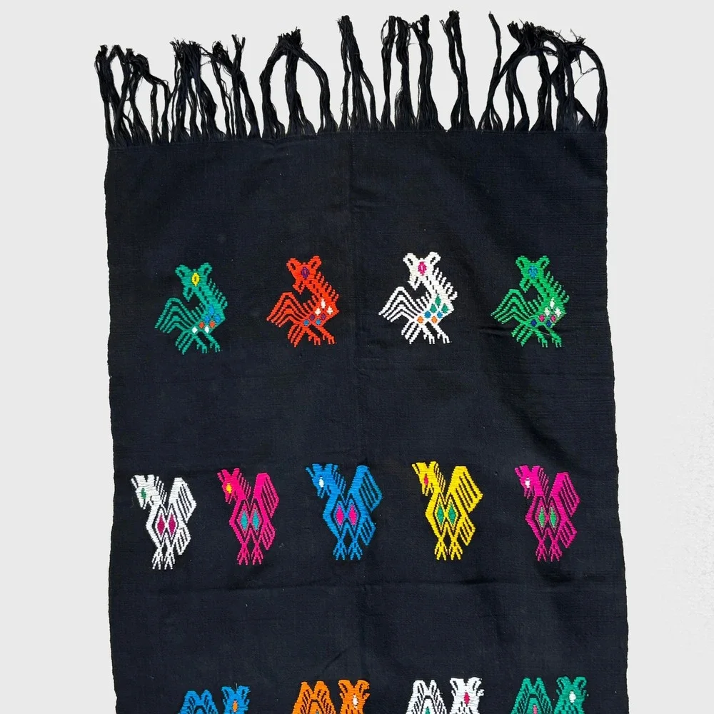 VTG Handwoven Guatemalan Embroidered Bird Textile Fringe Tapestry Runner Rainbow